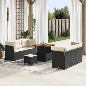 Conjunto de Sofá de Jardim vidaXL 9 Peças com Almofadas Preto Polyrattan Acácia