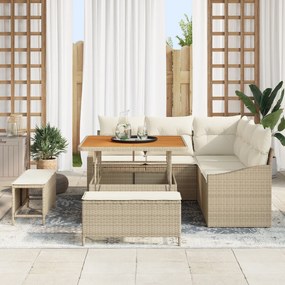 Conjunto de Sofá de Jardim de 8 Peças com Almofadas Bege Rattan de Polímero Acácia
