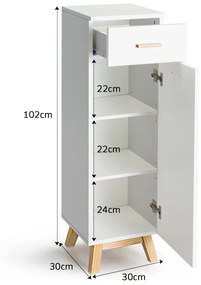 Armário de Banheiro Organizador Vertical com 1 Gaveta 3 Prateleiras Ajustáveis para Corredor da Sala de Estar Quarto 30 x 30 x 102 cm Branco