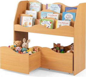 Móvel de Arrumação Infantil com Estante e Gavetas, 82 x 30 x 76 cm, 3 Prateleiras Abertas, Natural