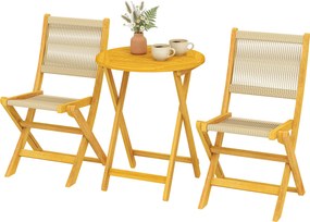 Conjunto de Jardim de 3 Peças em Madeira com 2 Cadeiras Dobráveis e Mesa Redonda para Terraço e Varanda, Natural
