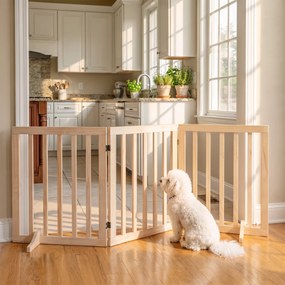 Barreira de Segurança Dobrável para Cães em Madeira, 3 Painéis, para Escadas e Portas, com 2 Pés de Apoio, 150x61 cm, Natural