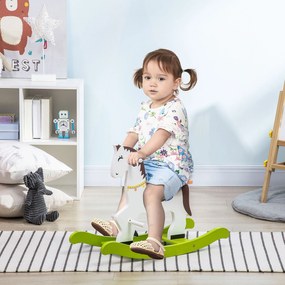 Cavalo Baloiço para Crianças de 1-3 Anos Cavalo Baloiço de Madeira com Guiador e Apoio para os Pés Carga Máxima 50kg 68x27x50cm Branco e Verde