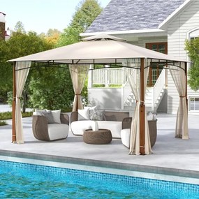Pérgula 3,6 x 3 m com rede 2 níveis Telhado com estrutura metálica Tenda de jardim com telhado duplo para pátio exterior Terraço Bege
