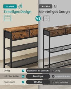 Mesa consola  76,7 x 30 x 78,7 cm, 2 gavetas castanha vintage
