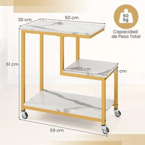 Mesa lateral sala, quarto de 3 níveis com prateleiras abertas e rodas bloqueáveis para sala de estar 59 x 30 x 61 cm Branco e Dourada