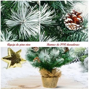 Árvore de Natal 60 cm efeito neve com pinhas decorativas, base estável em cimento e linho, decoração para interiores e secretárias Verde