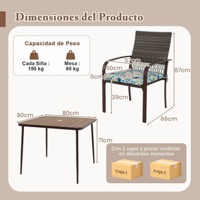 Conjunto de jantar de jardim 4 cadeiras de rattan com almofadas e mesa quadrada com orifício para guarda-sol Castanho misto