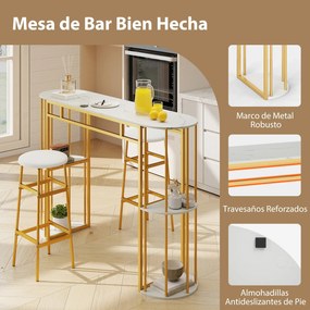 Mesa de bar alta retangular 150 x 40 x 105 cm (BANCOS NÃO INCLUIDOS) com estantes de arrumação, estrutura metálica e tampo em imitação mármore; consol