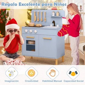 Cozinha de brincar infantil 55 x 31 x 75 cm com luzes, sons, fogão, forno e acessórios de madeira. Presente para crianças com mais de 3 anos. Azul