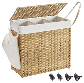 Cesto de roupa suja SONGMICS, cesto de roupa suja tecido à mão, cesto de roupa estilo rattan 140L com 3 compartimentos, forro removível, alças, tampa, sala de estar, banheiro, 66 x 33 x 60 cm, natural LCB363N01