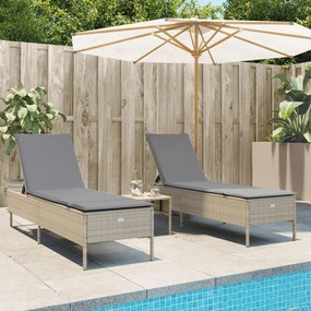 vidaXL Conjunto de espreguiçadeiras com almofadão 3 pcs vime PE bege