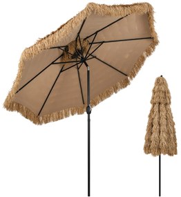 Guarda-sol Tiki 299 cm de praia estilo havaiano com manivela Ajuste fácil da inclinação Tampa ventilada 8 varas Natural+Preto