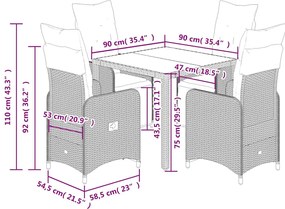 5 pcs conjunto bistrô p/ jardim c/ almofadões vime PE castanho