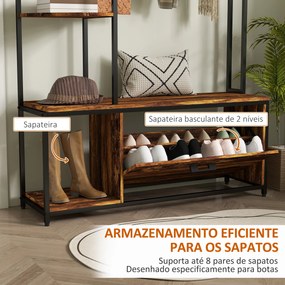 Móvel Cabide de Entrada com Sapateira Móvel de Entrada com Banco Prateleiras e Ganchos  120x35x180 cm Castanho Escuro