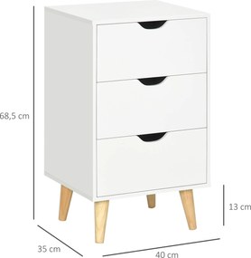 Mesa de cabeceira com 3 gavetas, estilo escandinavo, 40 x 35 x 68,5 cm, branca