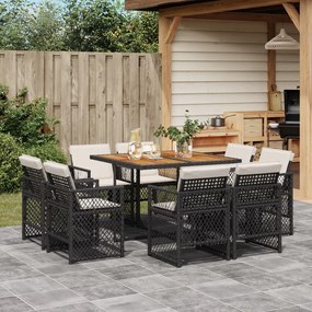 vidaXL 9 pcs conjunto de jantar p/ jardim c/ almofadões vime PE preto