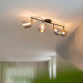 Candeeiro de teto com focos preto com dourado e vidro fumê 4 luzes - Zuzanna