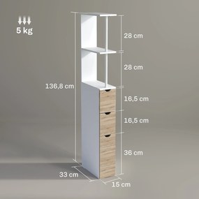 Coluna de Casa de Banho Moderna Auxiliar com 2 Prateleiras, 2 Gavetas e 1 Porta Antiviragem 15x33x136,8 cm Madeira Natural