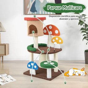 Arranhador para gatos 4 em 1 formato cogumelos Plataforma com Postes de Sisal e Tábuas de Arranhar Multicolor