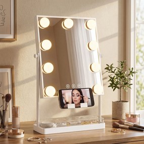 Espelho de Maquilhagem com Luz 9 Lâmpadas LED 3 Cores Interruptor Tátil Suporte para Telemóvel Branco