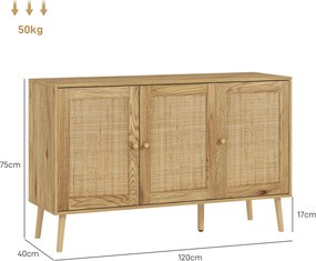 Aparador de sala de estar 120 x 40 x 75 cm com armários com portas em rattan e prateleira ajustável, em madeira natural