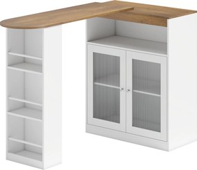Mesa de Bar Extensível e Rotativa 360° com Prateleiras Abertas e 2 Portas de Vidro 150x80x105,5 cm Branco e Madeira