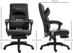 Cadeira de escritório executiva com função de massagem, apoio para os pés e apoio para a nuca integrados, encosto reclinável e altura ajustável, 68 x