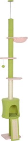 PawHut Arranhador para Gatos para Fixar ao Teto Altura Ajustável 220-240 cm Plataformas em Flor e Sisal 30x25x240 cm Verde | Aosom Portugal