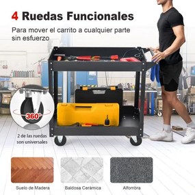 Carrinho multifunções de 2 níveis com pega e estrutura metálica  de dupla camada para uso doméstico Carga 50 kg 85 x 41 x 79 cm Preto