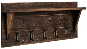 Cabide Rústico de Parede com Ganchos Metálicos e Prateleira 100% Madeira Natural Paulonia  61 x 25,5 x 8 cm Castanho
