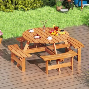 Conjunto de mesa de Jardim ou piquenique redonda com 4 bancos para 8 pessoas com orifício para guarda-sol de 5 cm Amarelo
