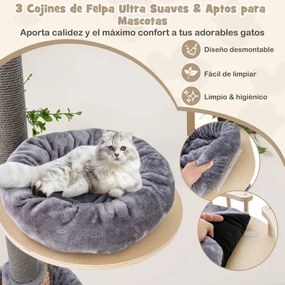 Torre arranhador de madeira para gatos de 5 níveis 236-271 cm com rede aconchegante Cesto Cama Cinzento