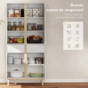 Armário alto de cozinha, armário de cozinha com 4 portas, 2 gavetas e prateleiras ajustáveis, 80 x 35 x 170 cm, branco e carvalho