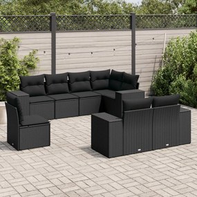 8 pcs conjunto sofás de jardim com almofadões vime PE preto