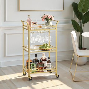 Carrinho de serviço bar com garrafeira com 3 níveis, com rodas 30 x 46,8 x 92 cm dourado