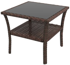 Outsunny Mesa de Vime Quadrada 50x50x45 cm Mesa de Jardim e Prateleira Tampo de Vidro Suporta 30 kg para Terraço Pátio Castanho