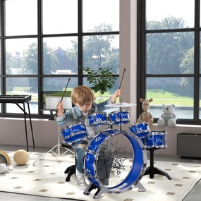 Bateria Infantil com Banco Bateria para Crianças acima de 3 Anos com Pedal e Baqueta Desenho de Estrelas 65x22x57 cm Azul