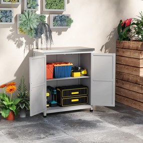 Armário de Exterior em Madeira com Tampo de Aço Galvanizado Prateleira 2 Portas  para Armazenamento de Ferramentas 79x43x92 cm Cinza