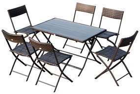 Conjunto de Mesa Cadeiras Móveis Dobrável Vime para Jardím Exterior Pátio Terraço 7 Pcs Aço - Cor Castanho - 61x46x84cm