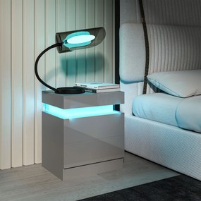 Mesa de Cabeceira com Luz LED Painel de Alto Brilho 2 Gavetas e Controlo Remoto para Dormitório 45x35x52 cm Cinzento
