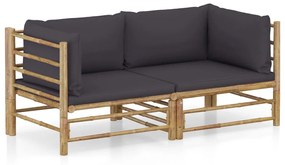 vidaXL 2pcs conj. lounge de jardim bambu c/ almofadões cinzento-escuro