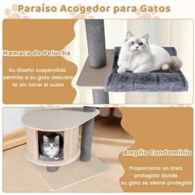 Árvore para gatos de 5 níveis Torre de madeira ajustável de 236-271 cm de altura com gancho casa Postes para arranhar Plataformas cinzentas