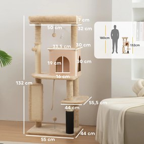 Arranhador para Gatos Grande Altura 132 cm com Plataformas Postes com Escova Bolas Suspensas e Almofadas para Arranhar Bege