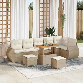 Conjunto de Sofás de Jardim 9 Peças com Almofadas Bege Polímero Vime Acácia
