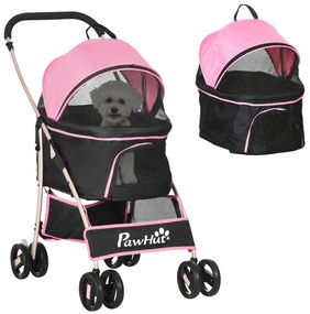 PawHut Carrinho para Animais de Estimação 3 em 1 Dobrável com Bolsa de Transporte Cesta de Armazenamento e Travão 82x49,5x98 cm Rosa | Aosom Portugal