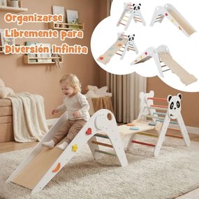 Parque dobrável para escalada para crianças Montessori de escalada em madeira com tema de panda Ginásio interior com escorrega Branco
