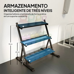 Suporte para Halteres (NÃO INCLUIDOS) de 3 Níveis Estante de Pesos de Aço com Barras Ajustáveis para Ginásio Casa Capacidade 200 kg