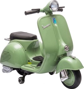 AIYAPLAY Mota Elétrica Infantil Vespa com Licença Oficial, Arranque Suave, Rodinhas Desmontáveis, Luz Dianteira, Música, Buzina e USB, Verde | Aosom Portugal