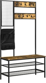 HOMCOM Cabideiro em design industrial, 1 quadro de recados, 1 banco para sapatos, 8 ganchos para roupa, 1 bolsa de armazenamento, Preto + Marrom | Aosom Portugal
